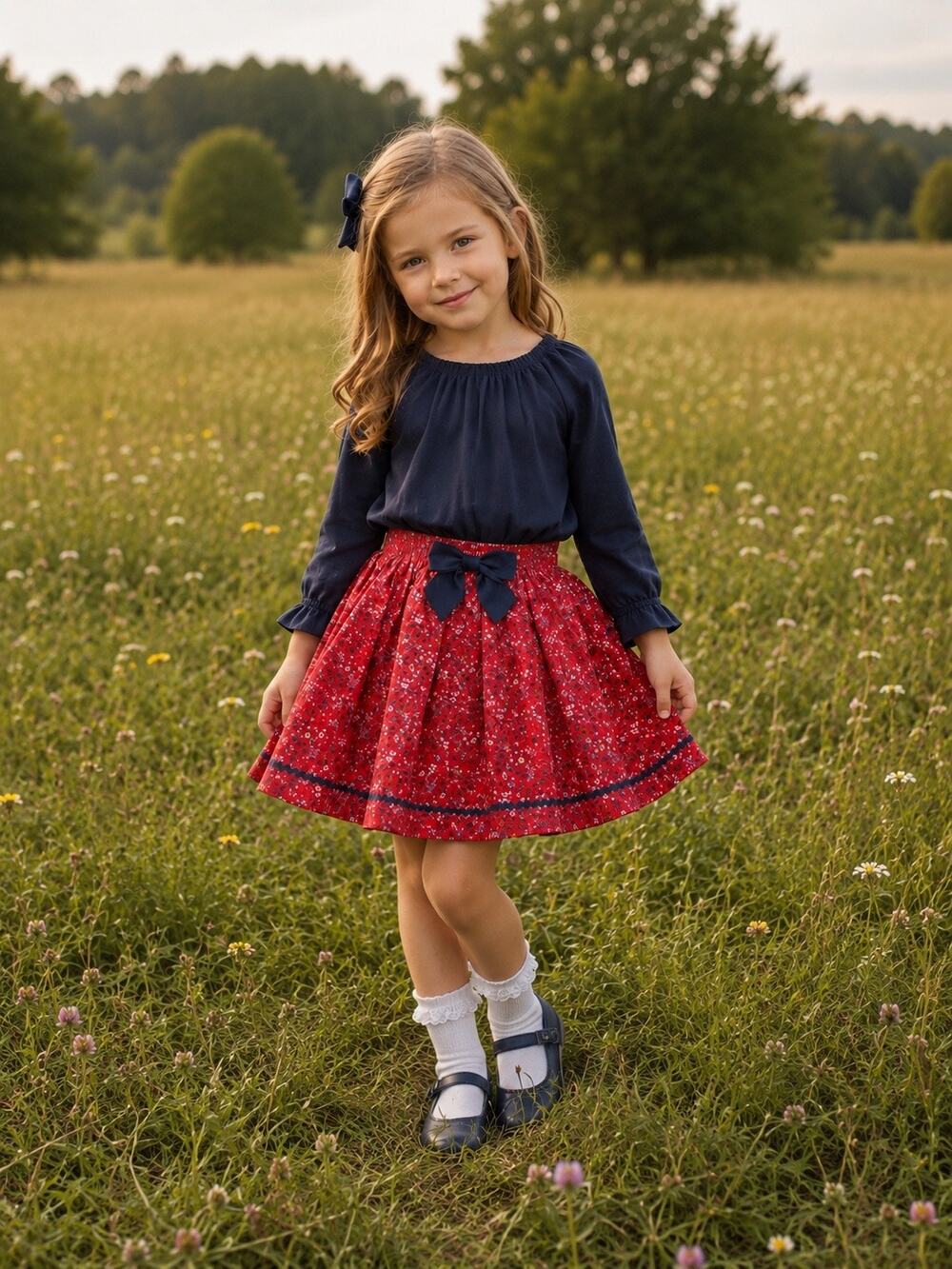 Edgehill Collection Girls Red Floral Skirt Size 6X Cotton Navy Bow Lined $42